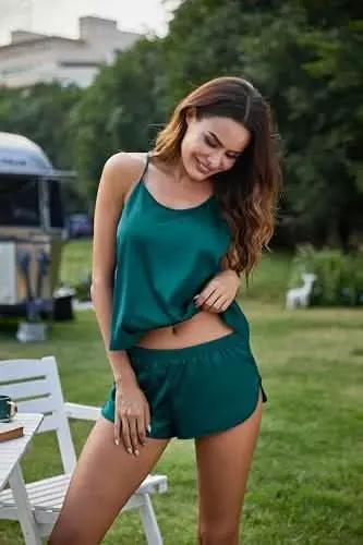 Silk Pajamas Set for Women Satin Backless Lingerie Pjs Cami Top and Shorts Nightwear - Love Salve